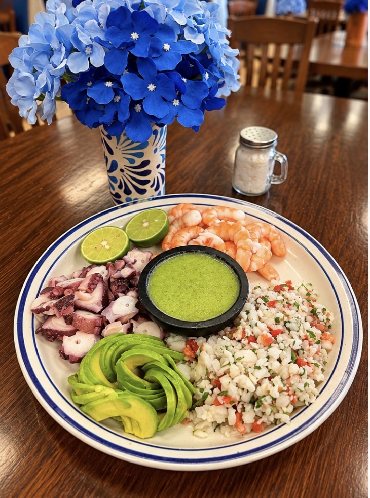 Mariscos plate with shrimp, octopus, ceviche and avocado.